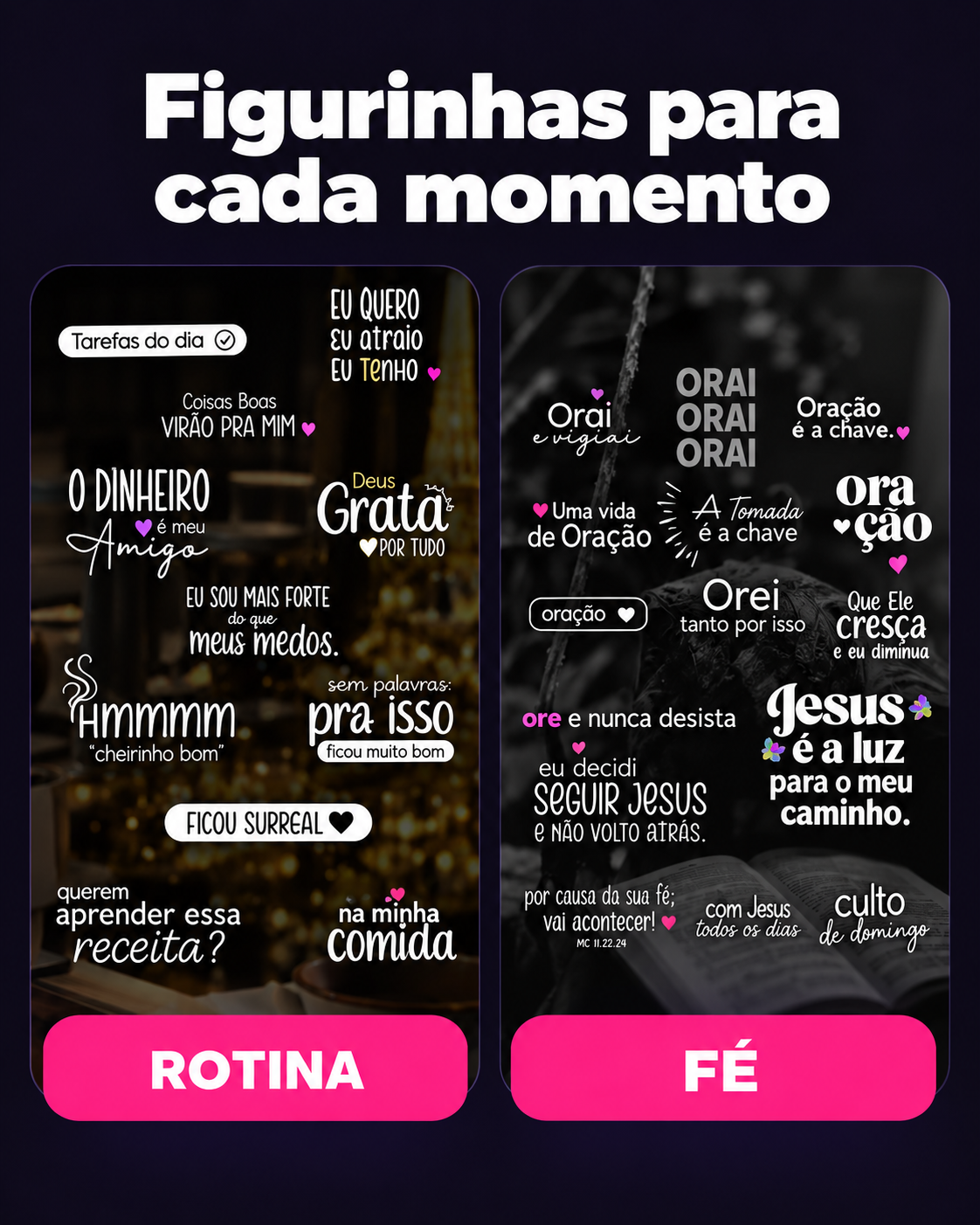 Amostra real das figurinhas para Rotina e Fé