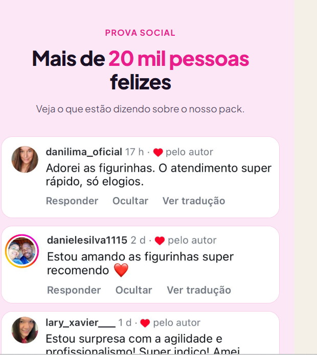 Comentários sobre as figurinhas e o atendimento, incluindo mensagens de danilima_oficial e danielesilva1115